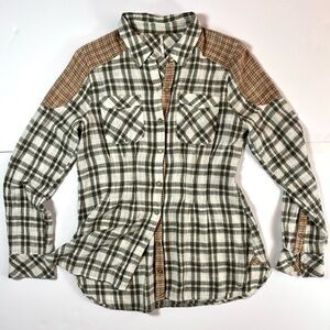 Free People Mixed Plaid Check Cotton Gauze Pleated‎ Button Down Shirt Size XS